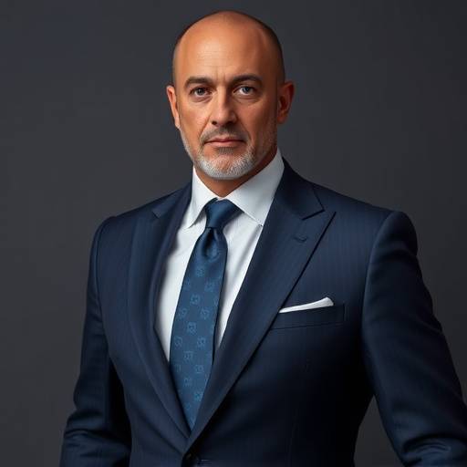 A distinguished businessman wearing a classic navy blue bespoke suit with a white shirt and striped tie.