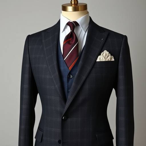 A finished bespoke business suit hanging on a mannequin, showcasing intricate details and perfect tailoring.