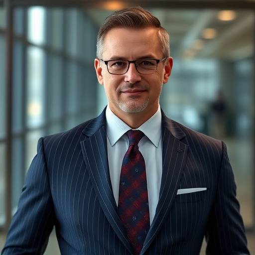 A sharply tailored navy blue wool business suit with a subtle pinstripe, worn by a confident executive.