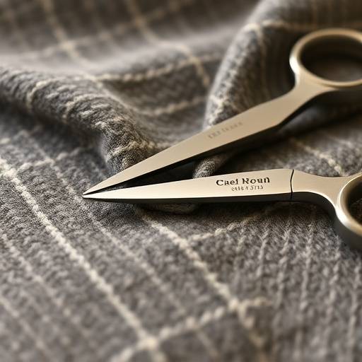 Close-up of luxurious wool fabric being expertly cut with shears by a tailor.